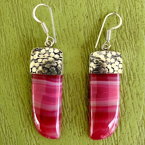 New Pink Striped Banded Agate 925 Silver Earrings - Picture 4 of 5
